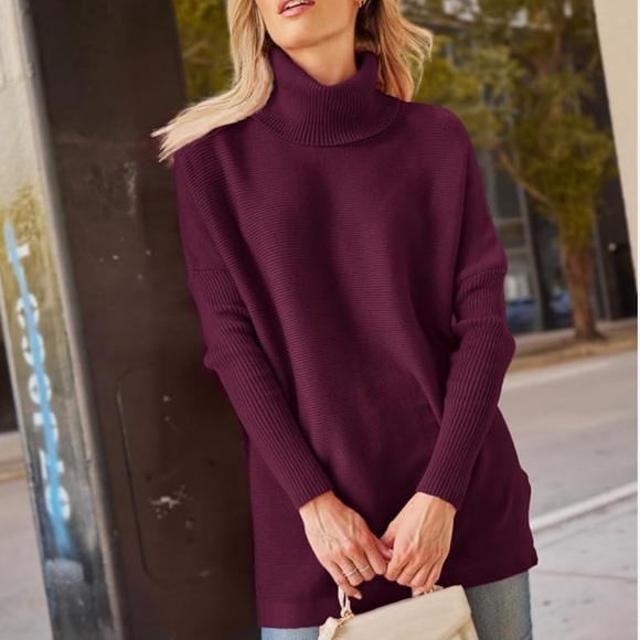 LILLUSORY Women's Turtleneck Oversized Sweater Tunic Pullover *Wine Red* - Picture 3 of 9